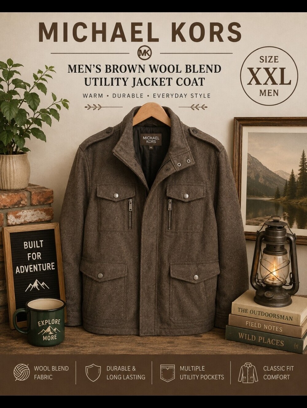 Michael Kors Men’s Brown Wool Blend Utility Jacket Coat